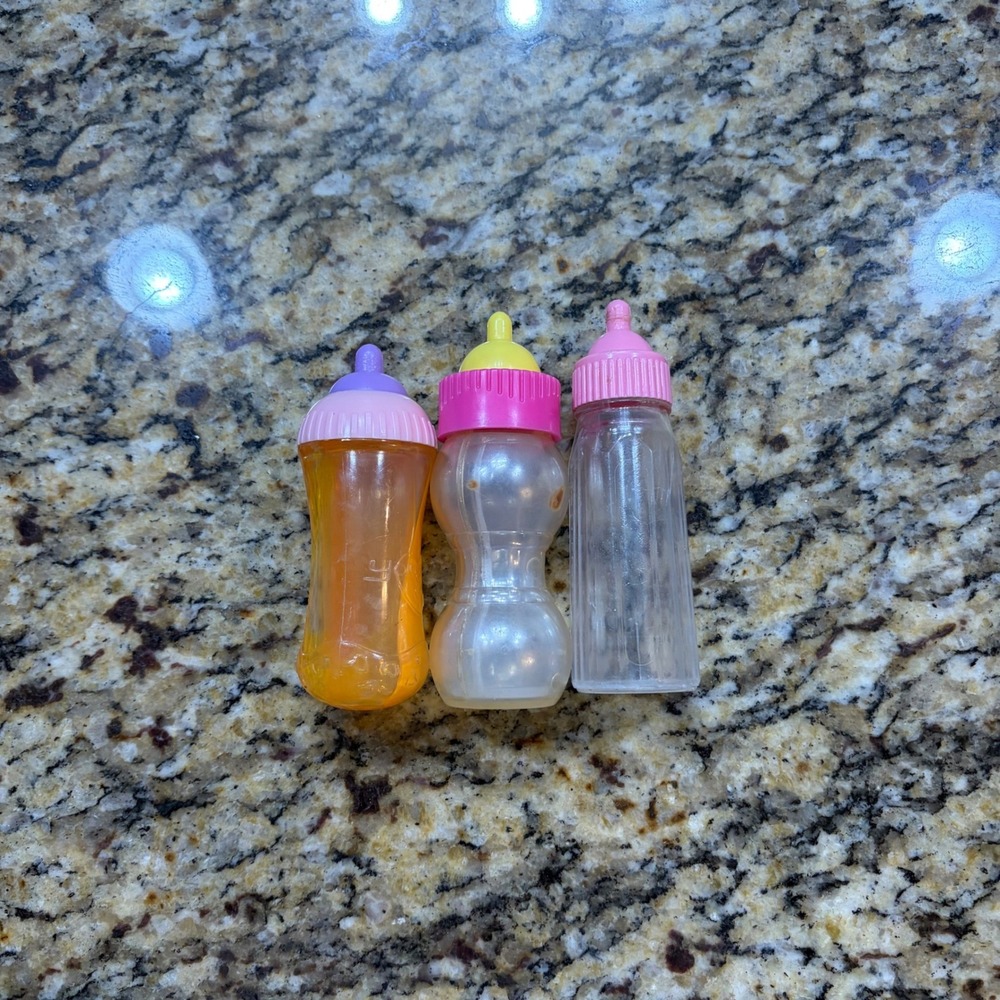 Vintage Doll Baby Bottles Set of 3 Plastic Toy Accessories Orange Pink Yellow